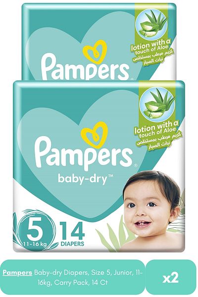 Pampers Baby-dry Diapers, Size 5, Junior, 11-16kg, Carry Pack, 14 Ct X2