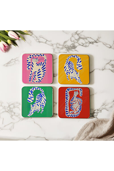 arslart Workshop Minimalist and Colorful Cat Patterned Coasters Set of 4 Wood...