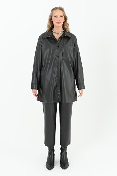 Puane Cămașă de damă din piele cu buzunare - 10570gml - neagră