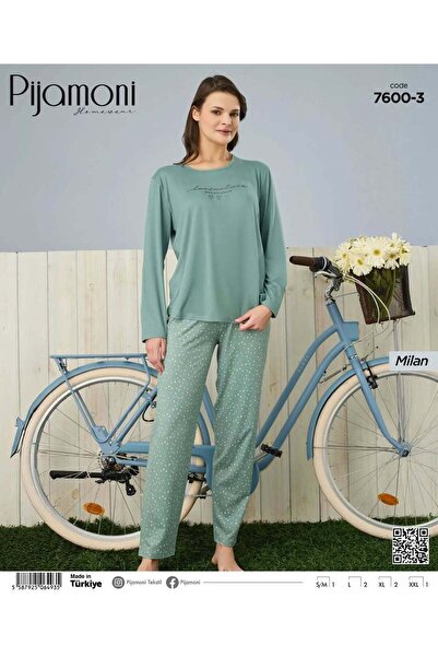 Pijamoni Bambu Milan Kumaş Sıfır Yaka Uzun Kollu Kadın Pijama Takımı