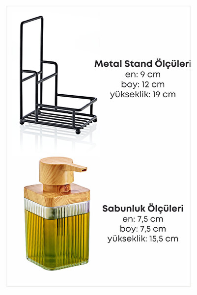 grimorlife Metal Standlı Süngerli Tekli Şeffaf Ahşap Akrilik Bulaşık Deterjanı Sıvı Sabunluk -Bez Askılığı