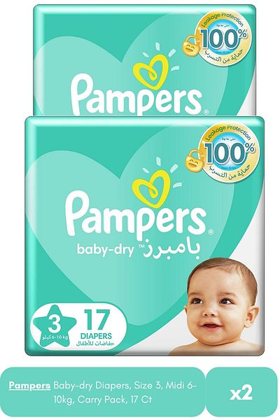 Pampers Baby-dry Diapers, Size 3, Midi 6-10kg, Carry Pack, 17 Ct X2
