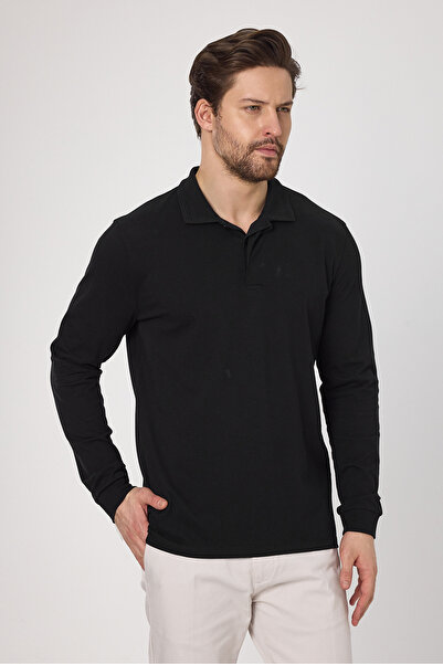 Frappoli Ανδρικό μαύρο μπλουζάκι Fonte από 100% βαμβακερό πικέ πλεκτό εύκαμπτο ύφασμα με λεπτή εφαρμογή μακρυμάνικο μπλουζάκι πόλο