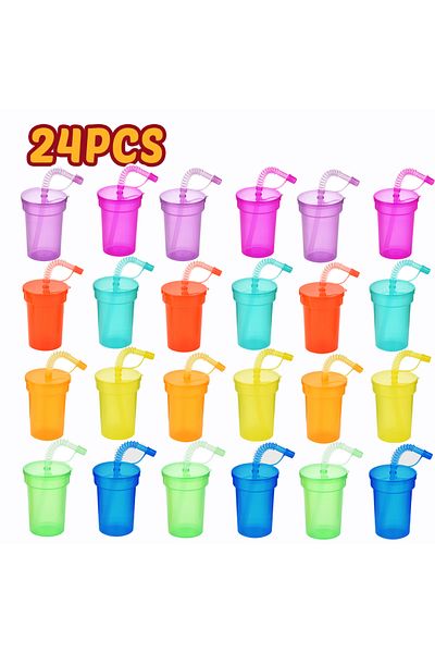 Choice 24pcs Neon Sipper Cups - Colorful, Spill-proof Cups With Lids And Straws - Ideal For School Events,