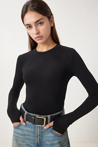 Bled Μαύρο ελαστικό κορμάκι - Crew Neck, Finger Snap, Μακρυμάνικη Μπλούζα