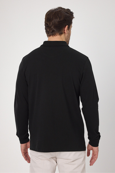 Frappoli Ανδρικό μαύρο μπλουζάκι Fonte από 100% βαμβακερό πικέ πλεκτό εύκαμπτο ύφασμα με λεπτή εφαρμογή μακρυμάνικο μπλουζάκι πόλο