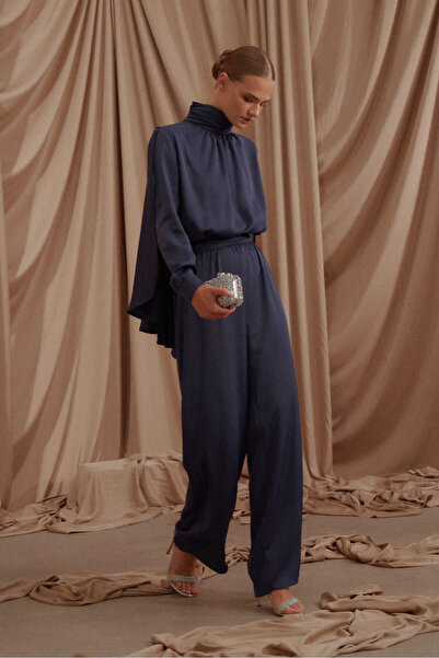 EMNORA Pelerinli Saten Abiye Tulum Lacivert