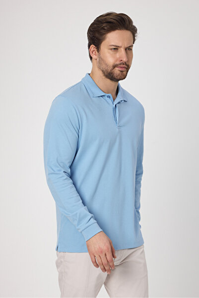 Frappoli Fonte Erkek Mavi %100 Pamuk Pike Örme Esnek Kumaş Dar Kesim Uzun Kol Polo Tişört