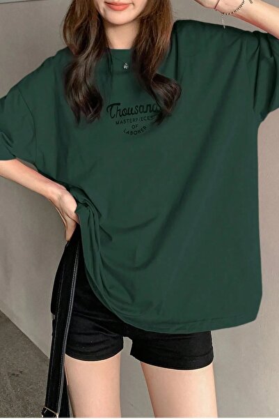 NO 601 Γυναικείο μπλουζάκι με σκούρο πράσινο χιλιάδες στάμπα oversize