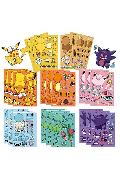 Choice 8sheets 8/16sheets Pokemon Anime Pikachu Gengar Puzzle Stickers Make A Face Children Cartoon Diy Ass