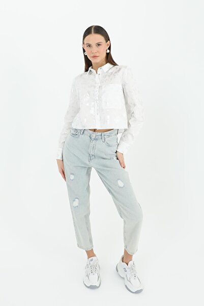 Soul Women's Crop Long Sleeve Foil Patterned Shirt -24S-31769Gml - Ecru