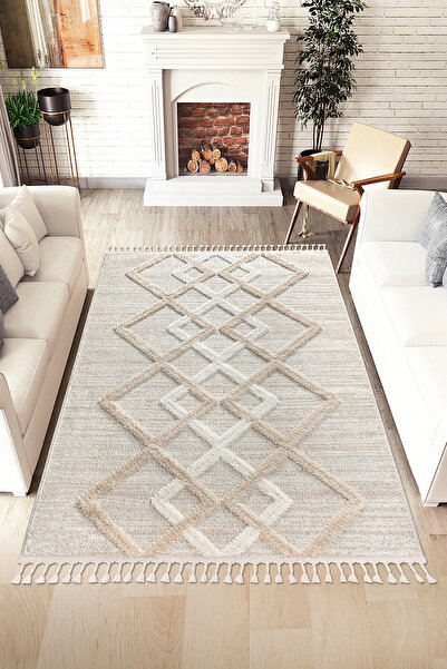 SANRUGS Home & Living Bukleli Yumuşak Peluş Post Krem Beyaz Oturma Odası Salon Mutfak Yolluk Kilim Halı