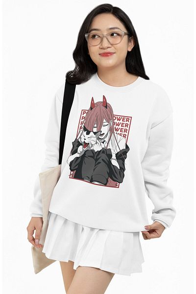 Fuddy Moda Oversize Power Written Hoodless Sweatshirt, Unisex Chainsaw Man Anime Themed Crew Neck Sweat