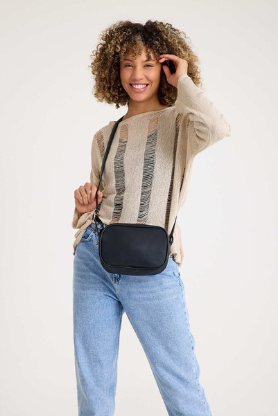Simfa Premium Women's Mini Black Leather Adjustable Cross Strap Shoulder Bag