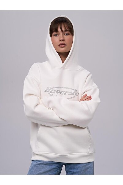 Trendiz Unisex Reverse Taş Baskılı Sweatshirt Beyaz