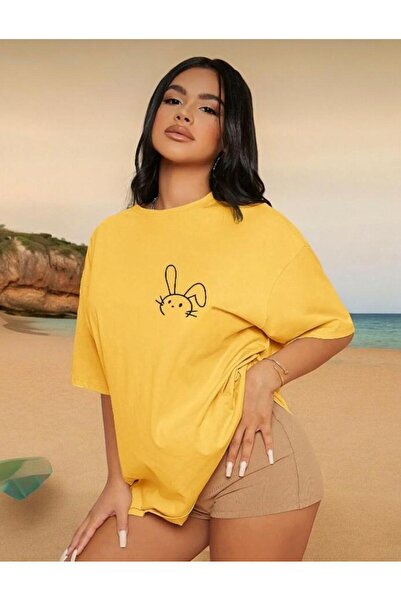 NO 601 Ženska žuta majica sa zecom Štampano Oversize kroj široka majica