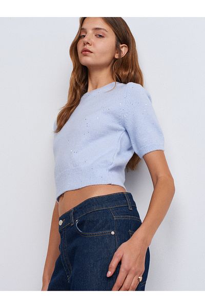Dilvin 10703 Pulover din tricot cu sclipici cu paiete cu gâtul turn-albastru