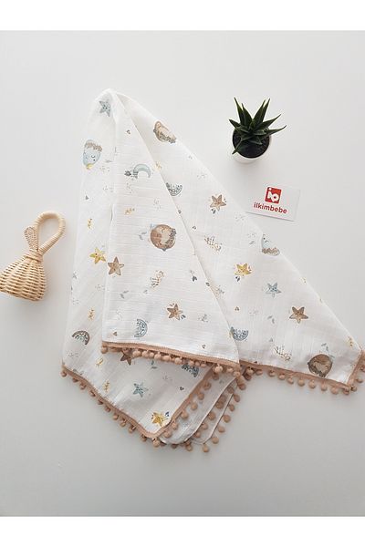 ilkimbebe Dolunay 85X90 - Pompom Single Layer Muslin Baby Blanket, 100% Cotton