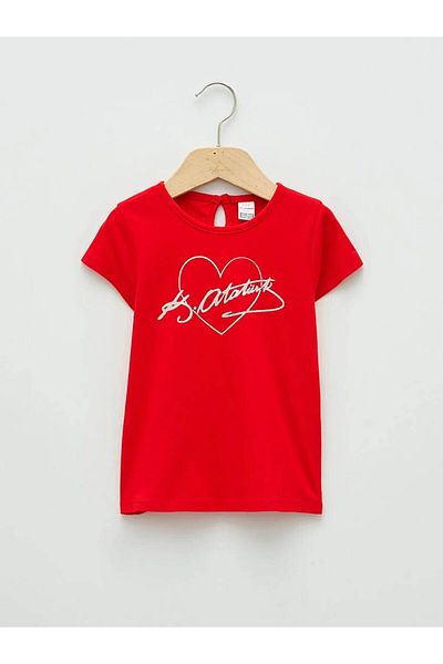 LC Waikiki Lcw Baby Red Crew Neck Short Sleeve Ataturk Signature Printed Cotton Baby Girl T-Shirt