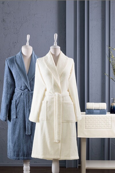 Özdilek Blossom Happy Family Bathrobe Set - Cream Color and Indigo