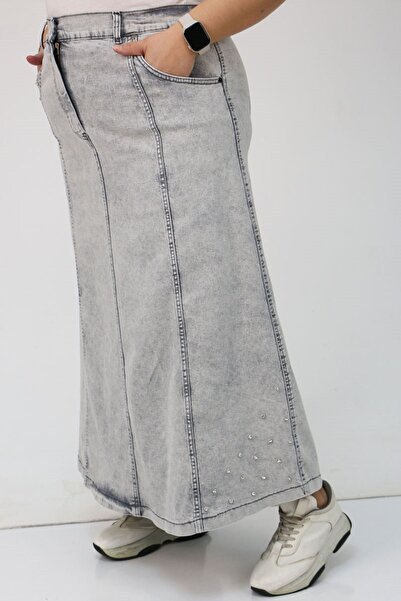 Eslina 45007-1 Large Size Piece Stone Detailed Denim Skirt - Gray