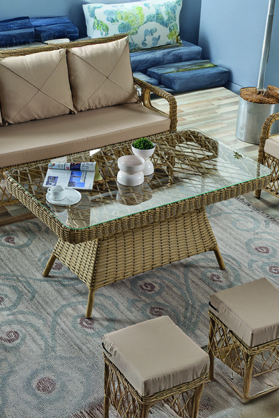 Evdemo Edra Rattan Puflu Bahçe Balkon Takımı 3+1+1+Camlı Masa Cappuccino