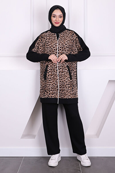İmajButik Leopard Print Black Sequined Tunic - Pants