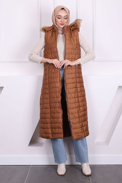 İmajButik Tan Hooded Puffer Vest