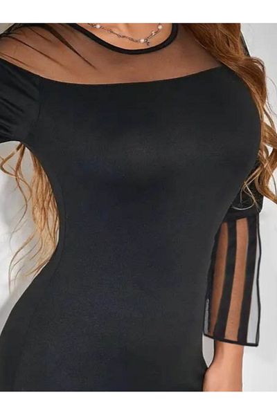 İpeksi Silky Women's Long Sheer Stripe Sleeve Madonna Collar Body-Hugging Diver Short Dress