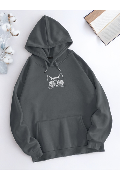 De Carte سويت شيرت بقلنسوة مطبوع بدون أكتاف للجنسين من Cat Vibes