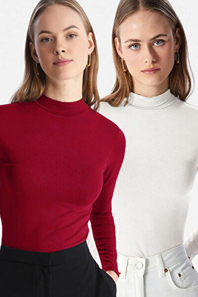 VODENS Дамски боди от 2 части с яка стойка и дълъг ръкав, ултра мек, бяло-бор...