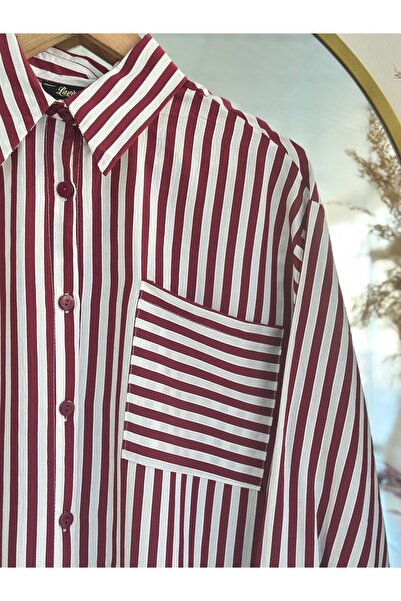 Ebrar Store Esra Front Short Back Long Stripe Shirt-Mf469 Burgundy