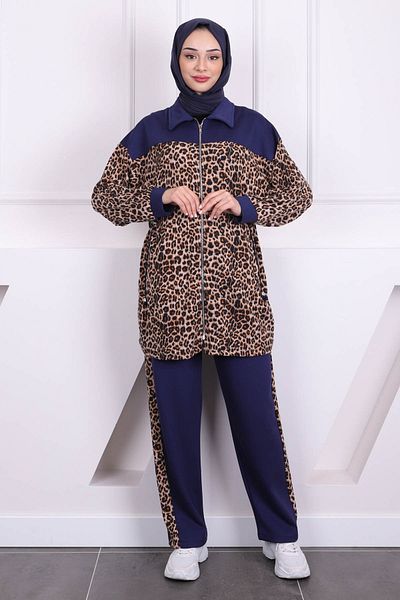 İmajButik Σετ παντελόνι με μπλε ναυτικό μέσης μαζευμένο Modal Tunic