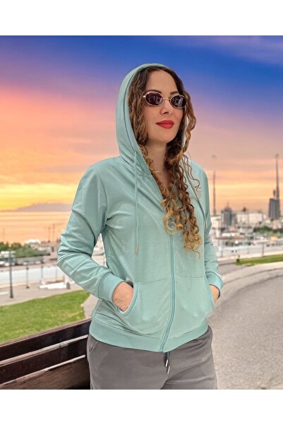 Butik Fermuarlı Kapüşonlu 2 İplik Mint Sweatshirt