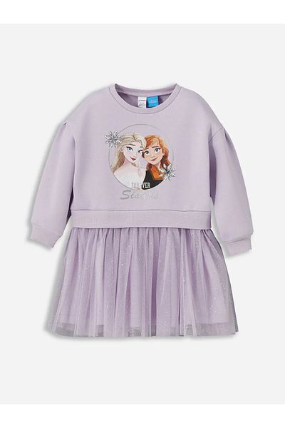 LC Waikiki Lilac Crew Neck Elsa Printed Girls' Dress