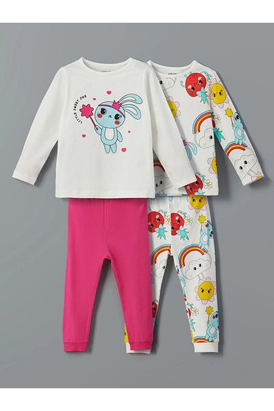 LC Waikiki Lcw Baby Ecru Crew Neck Baby Girl Pajamas Set 2 Pcs