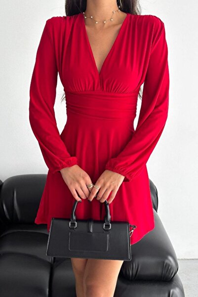 Mossta V-Neck Sleeve Gathered Flared Sandy Dress Red