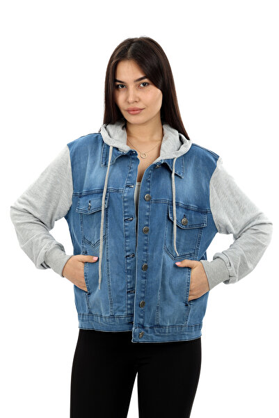 neva trade Denim & Kol Ve Kapişonu Iki Iplik Detaylı 4 Cepli Kot Ceket. Koyu Mavi Renk