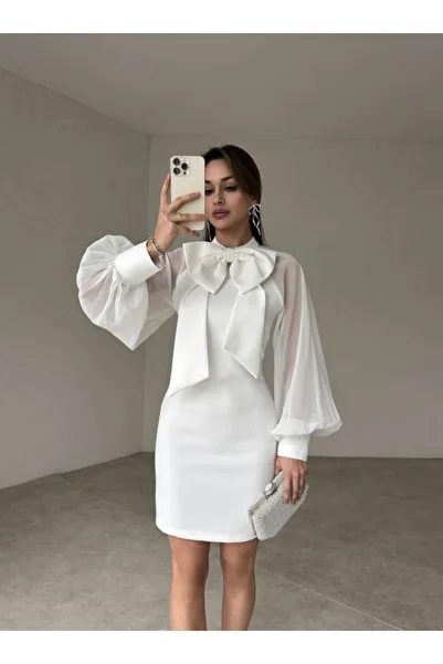 Afiş Butik White Plug-In Bow Detailed Sleeves Chiffon Mini Dress