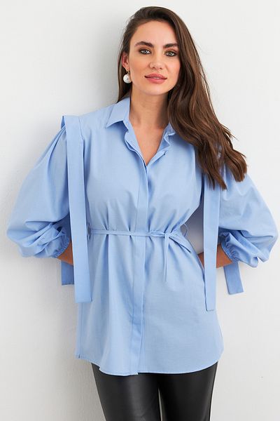 Cool & Modest Blaues Damenhemd mit Bindedetail – MASF185