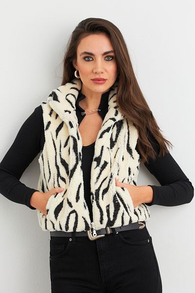 Cool & Sexy Women's Ecru-Black Plush Print Short Vest Elt1118