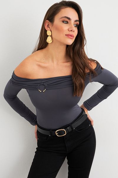 Cool & Sexy Γυναικείο αξεσουάρ γκρι δαχτυλίδι Madonna γιακά Crop μπλούζα RLO3043
