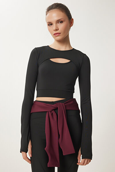 Happiness İstanbul Γυναικείο πλεκτό αθλητικό φούτερ με μαύρο δάχτυλο με λεπτομέρεια παραθύρου VX00010