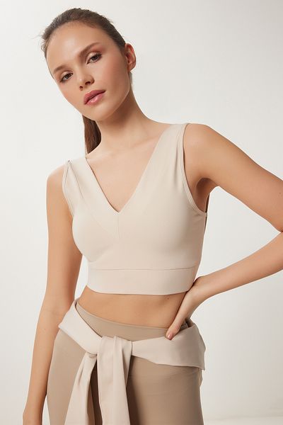 Happiness İstanbul Cremefarbener, formender Damen-Sport-BH mit V-Ausschnitt – VX00009