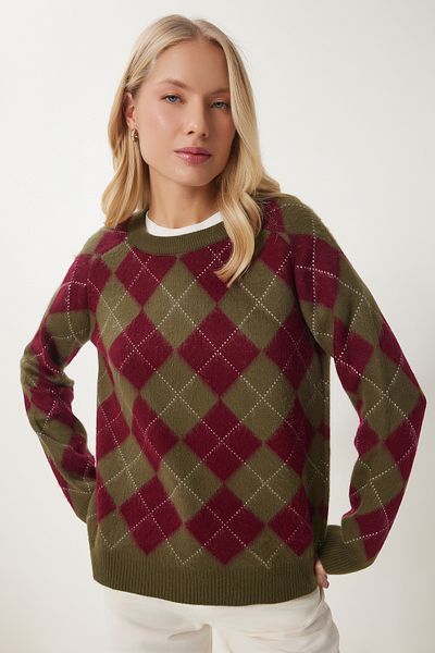 Happiness İstanbul Women's Green Burgundy Diamond Patterned Soft Textured Knitwear Sweater Pf00108