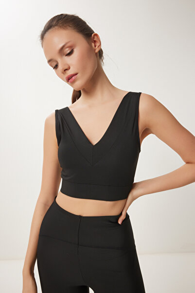 Happiness İstanbul Fekete V-nyakú formázó sportmelltartó - Push Up Knitted VX00009