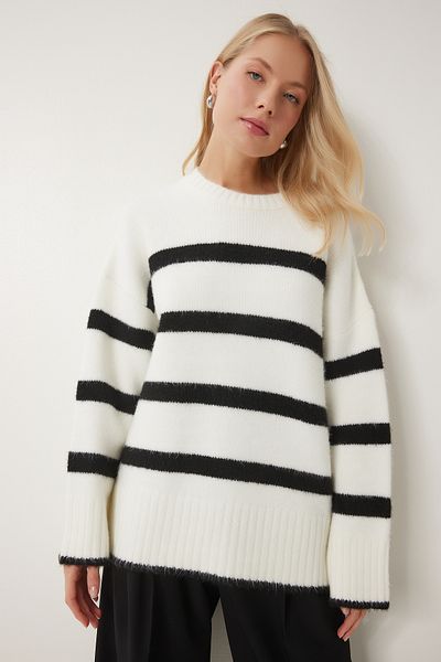 Happiness İstanbul Women's Ecru Black Crew Neck Striped Knitwear Sweater Pf00107