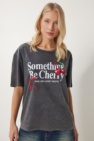 Happiness İstanbul Women's Anthracite Printed Washed Knitted T-Shirt An00220