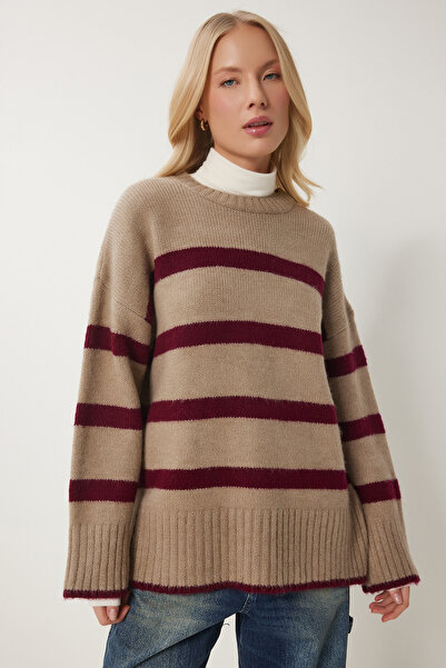 Happiness İstanbul Pulover de damă, bej, roșu Claret, cu decolteu roșu, cu dungi PF00107