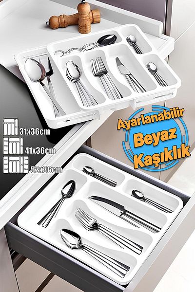 Badem10 Double Sided Adjustable Drawer Spoon Holder White Extendable Cutlery Holder Organizer Ladle Stacker